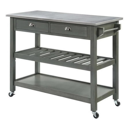 Pemberly Row Stainless Steel Top Kitchen Cart in Gray Wood Finish