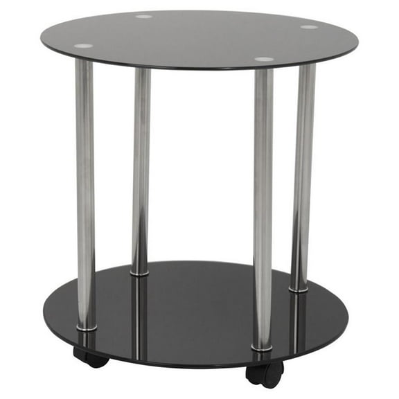 Pemberly Row Steel and Glass Two Tier Round Wheeled End Table in Black/Chrome
