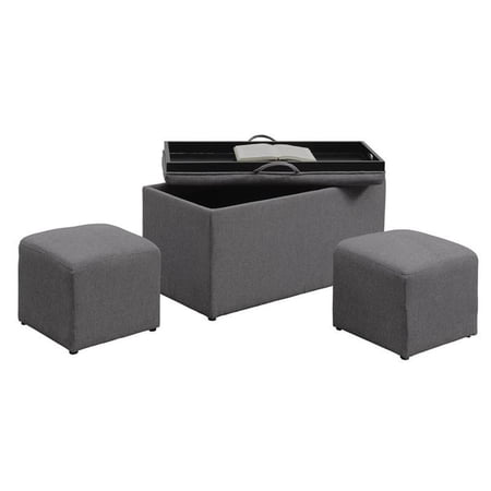 Pemberly Row Storage Bench with Two Ottomans in Gray Fabric