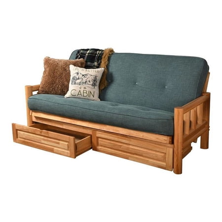 Pemberly Row Storage Futon with Linen Fabric Mattress in Natural and Blue
