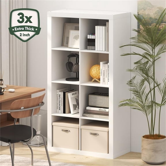 Pemberly Row Super Thick Frame 8 Cube Reversible Bookcase in White Finish