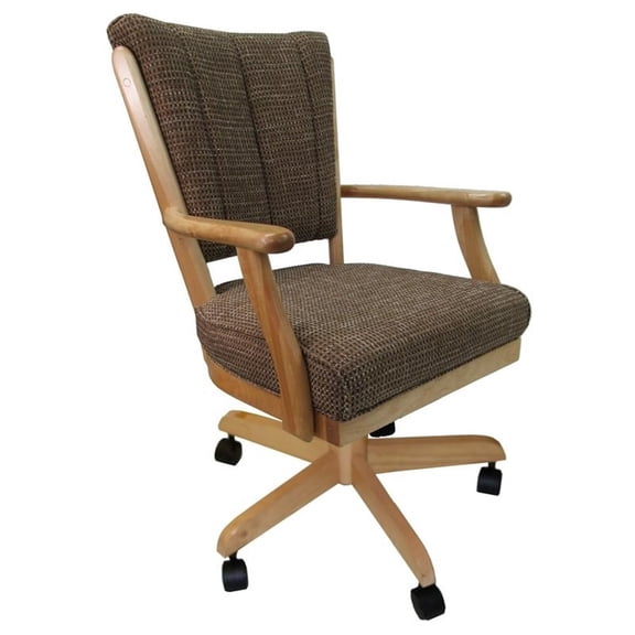 Pemberly Row Swivel Dining Caster Chair in Checkered Brown Fabric Natural Oak