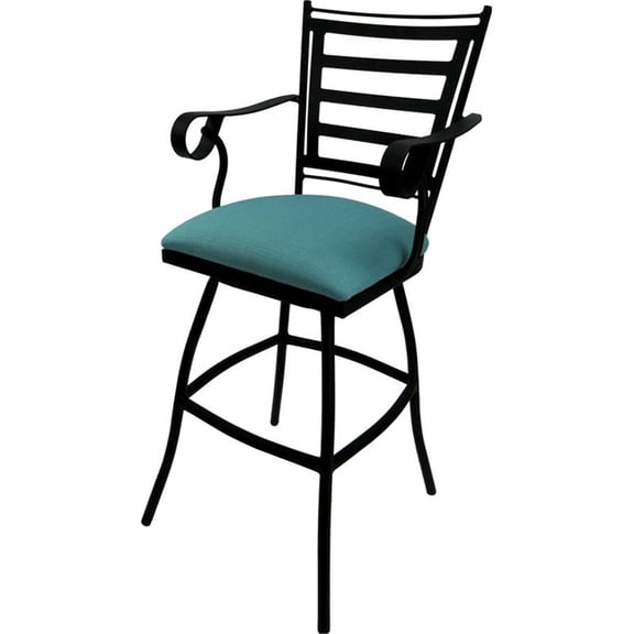 Pemberly Row Swivel Metal Bar Stool 30" with Arms in Aqua Fabric Black Frame