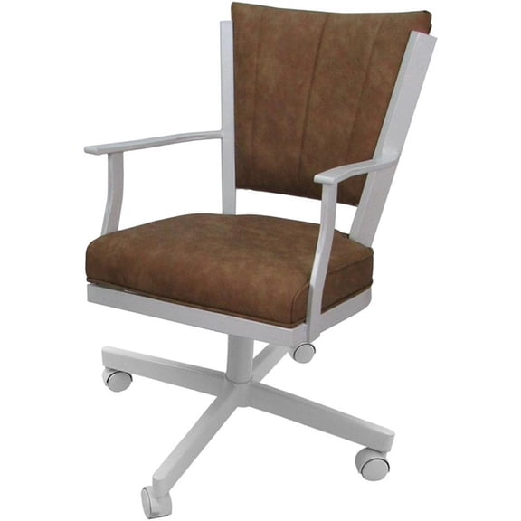 Pemberly Row Swivel Metal Dining Caster Chair in Pecan Brown Vinyl and White