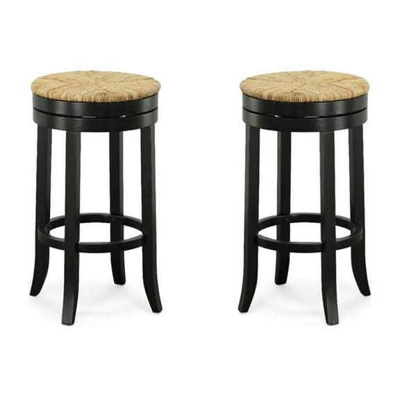 Pemberly Row Swivel Rush Seat Bar Stool in Antique Black - Set of 2