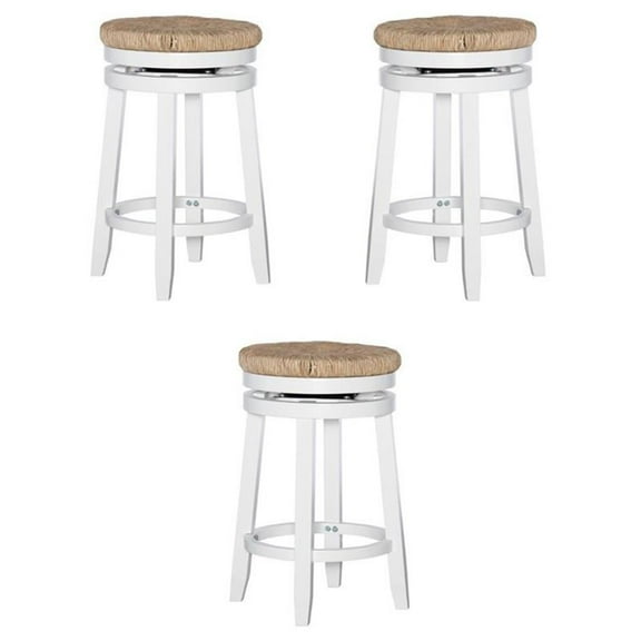Pemberly Row Swivel Rush Wood Counter Stool in White - Set of 3