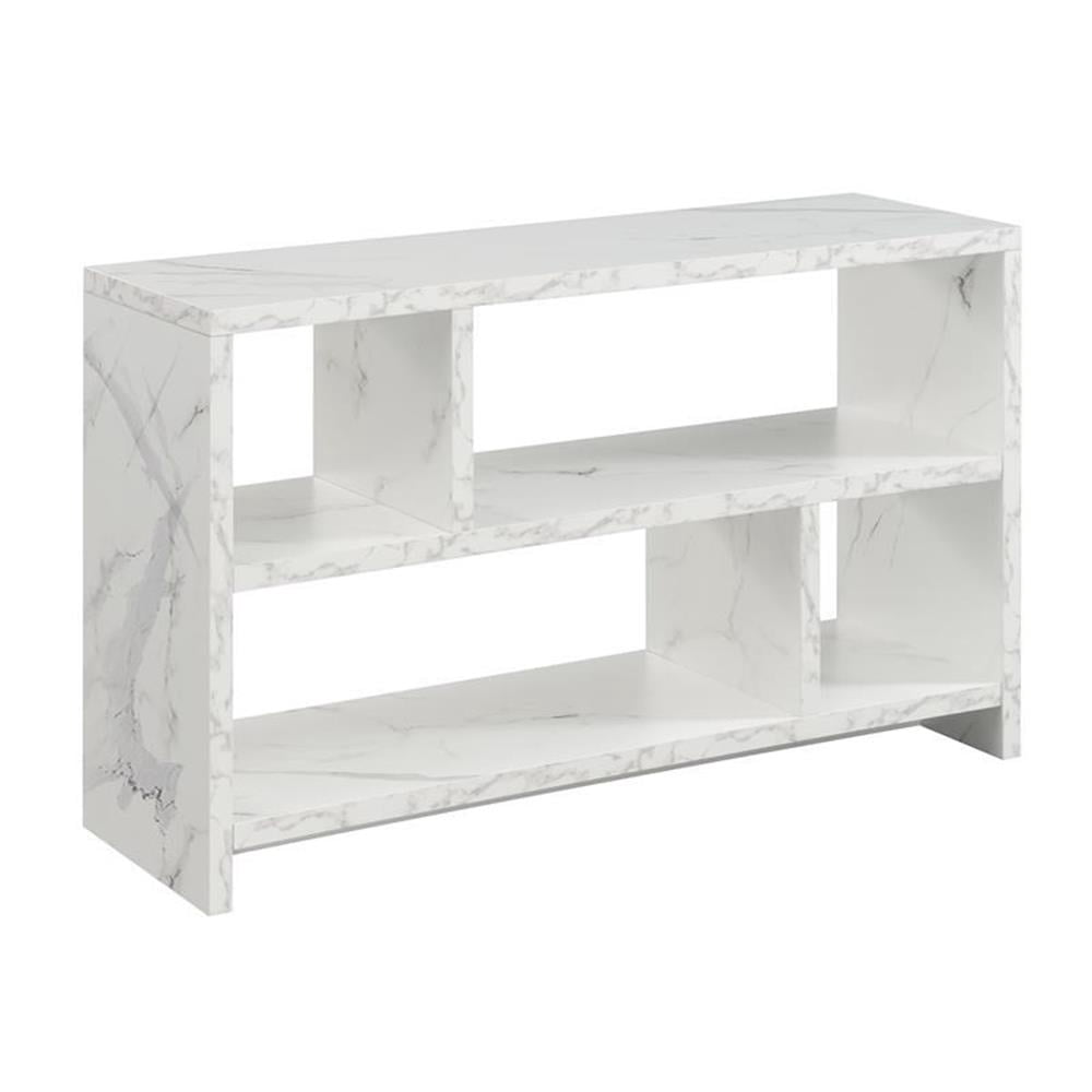 Pemberly Row TV Stand Console with Shelves in White Faux Marble Wood ...