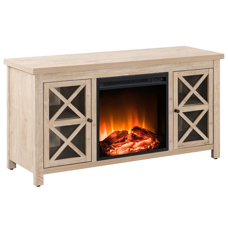 Pemberly Row TV Stand with Log Fireplace Insert in White Oak (TVs up to