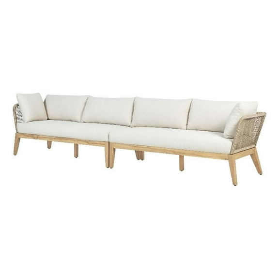 Pemberly Row Teak Wood 128" Sofa with Beige Color Rope Design