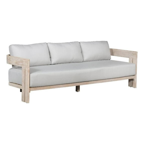 Pemberly Row Teak Wood Sofa Natural Look - Light Grey Fabric