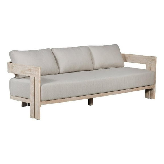 Pemberly Row Teak Wood Sofa Natural Look in Gray Finish Fabric