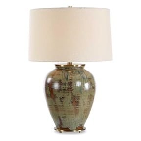 Pemberly Row Textured Stoneware Table Lamp with Linen Shade in Brown/Green
