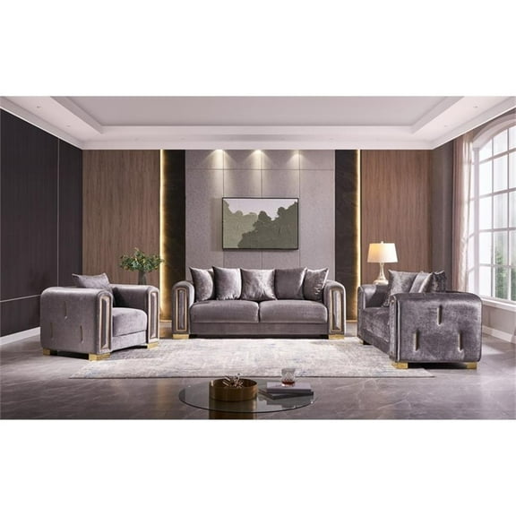 Pemberly Row Thick Velvet Fabric 3PC Living Room Set Made With Wood in Gray