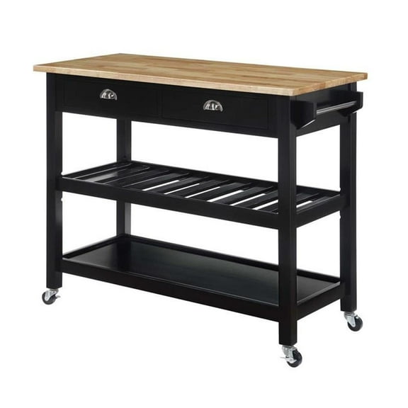 Pemberly Row Three-Tier Butcher Block Kitchen Cart with Drawers in Black Wood