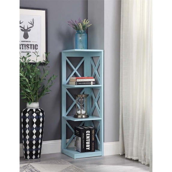 Pemberly Row Three-Tier Corner Bookcase in Sea Foam Wood Finish