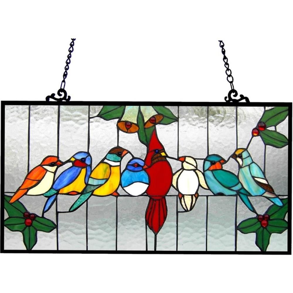 Tiffany-Glass Gathering Birds Window Panel with Chain