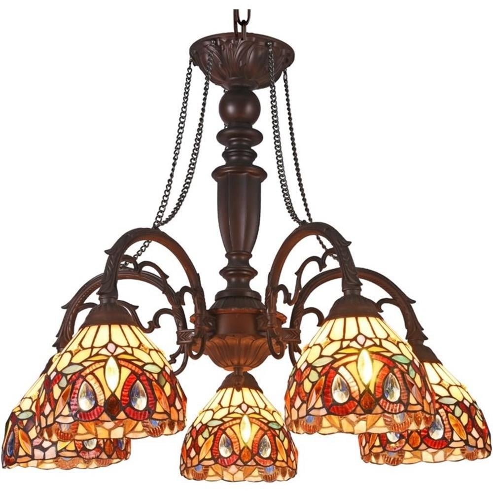 Victorian Dark Bronze 5-Light Tiffany-Style Chandelier with Stained Glass