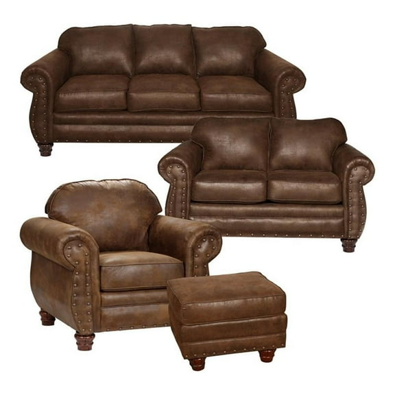 Pemberly Row Traditional 4-piece Microfiber Sofa Set in Brown
