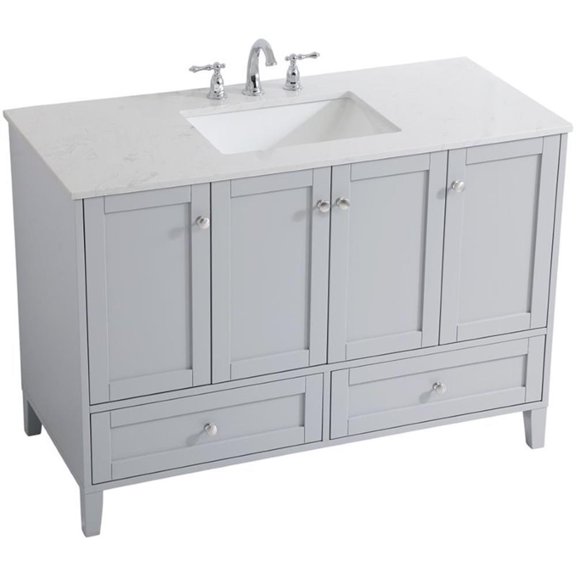 Pemberly Row Traditional 48" Single Quartz Top Bathroom Vanity in Gray