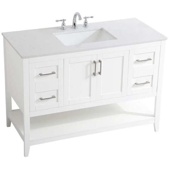 Pemberly Row Traditional 48" Single Quartz Top Bathroom Vanity in White