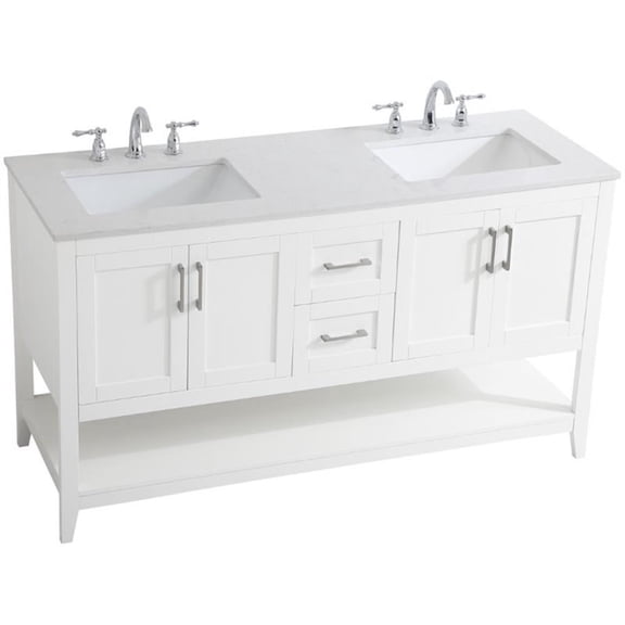 Pemberly Row Traditional 60" Double Quartz Top Bathroom Vanity in White