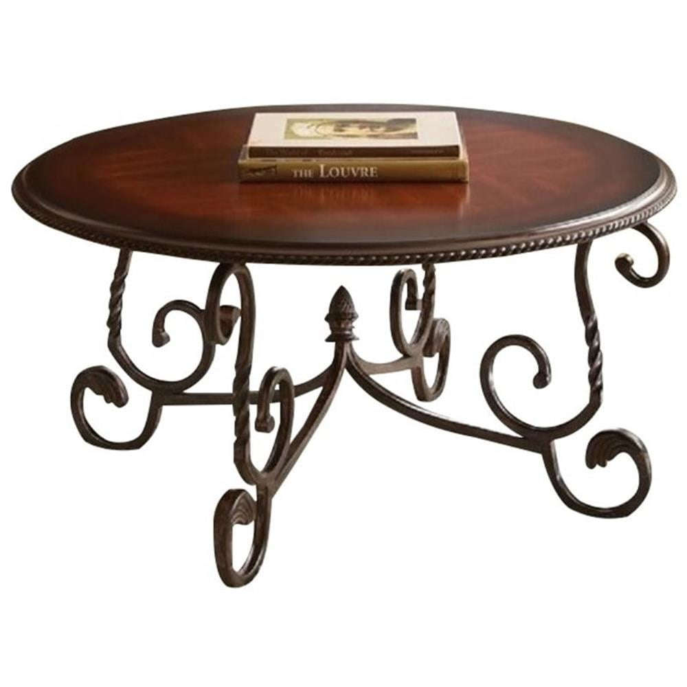 Pemberly Row Traditional Antique Metal Frame Round Wood Coffee Table in Cherry