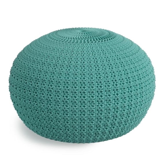 Pemberly Row Traditional Boho Round Fabric Knitted Pouf in Aqua Blue