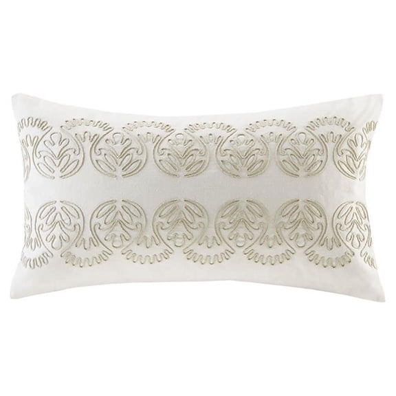 Pemberly Row Traditional Cotton Oblong Pillow with Embroidery in White