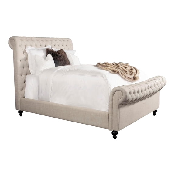 Pemberly Row Traditional Fabric Queen Bed in Crepe Beige Finish