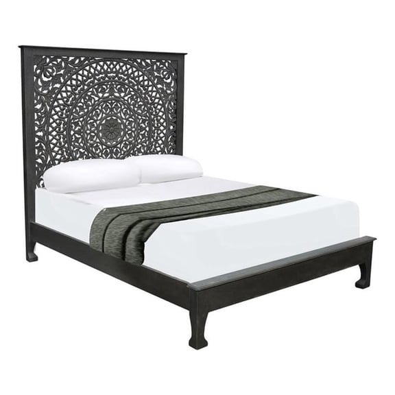 Pemberly Row Traditional Floral Carved Solid Wood Queen Bed in Black