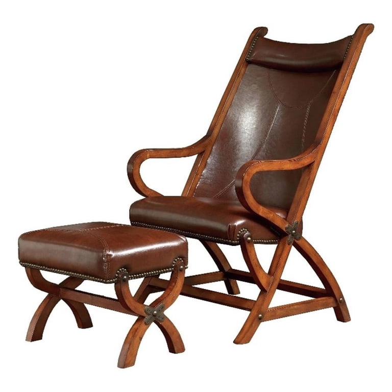 tobacco leather chair Pemberly Row Traditional Leather Chair & Ottoman Set in Tobacco