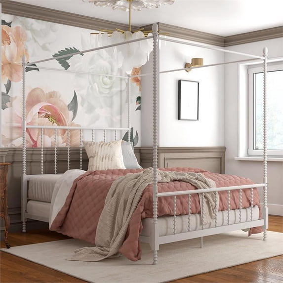Pemberly Row Traditional Metal Canopy Bed, Full, White