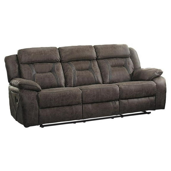 Pemberly Row Traditional Microfiber Double Reclining Sofa in Dark Brown