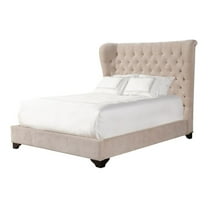 Pemberly Row Traditional Velvet Queen Bed in Meringue Tan Finish