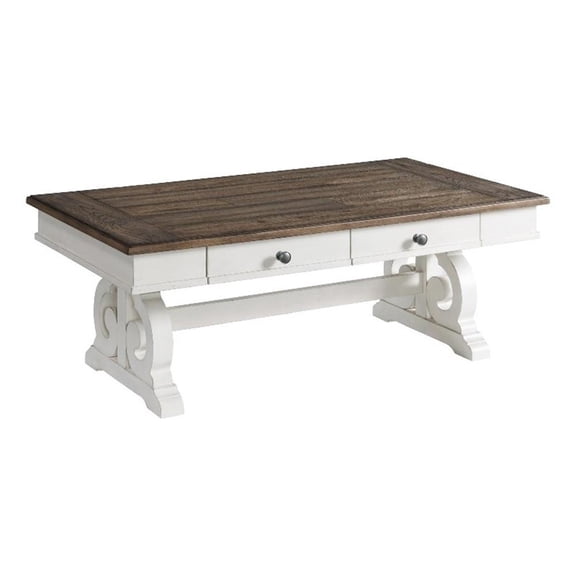 Pemberly Row Traditional Wood Coffee Table in Rustic White/Oak