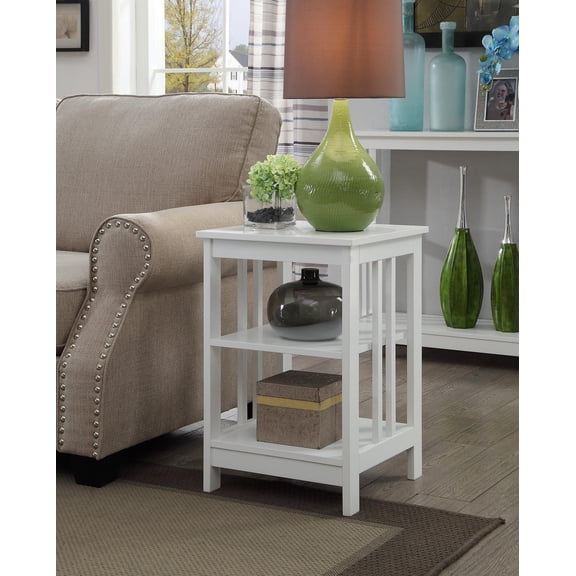 Pemberly Row Traditional Wood End Table with Middle and Bottom Shelf in White