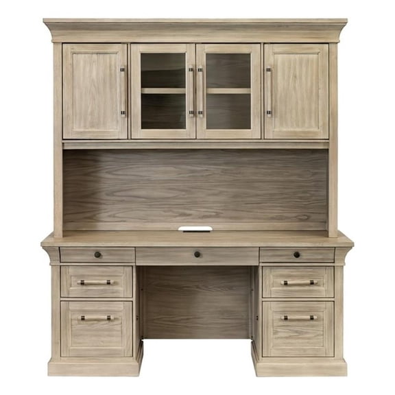 Pemberly Row Traditional Wood Executive Credenza and Hutch Set in Natural Oak