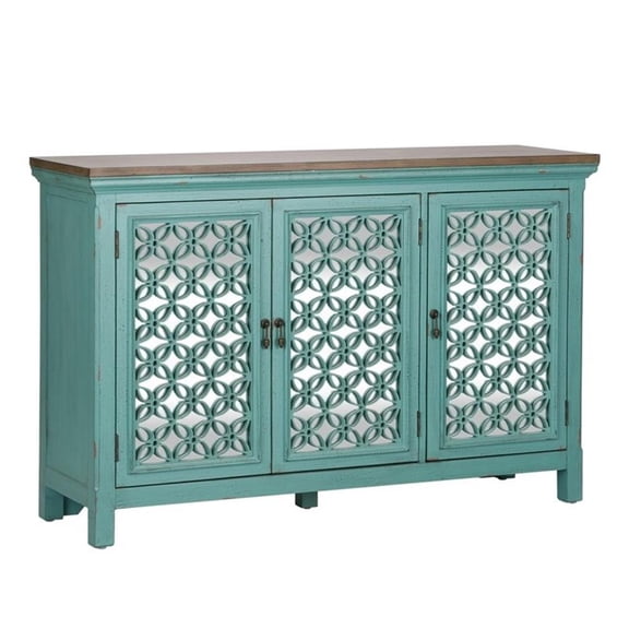 Pemberley Row Wood Turquoise Accent Cabinet Rectangular Decorative Overlay 56"W Unassembled