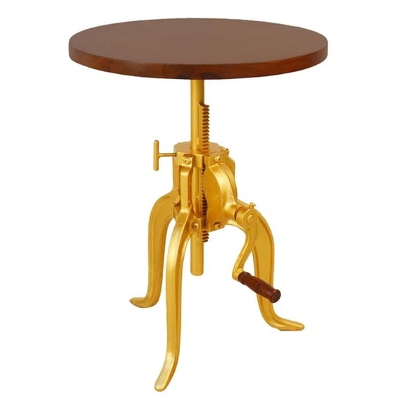 Pemberly Row Transitional Adjustable Crank Wood Accent Table in Elm and Gold