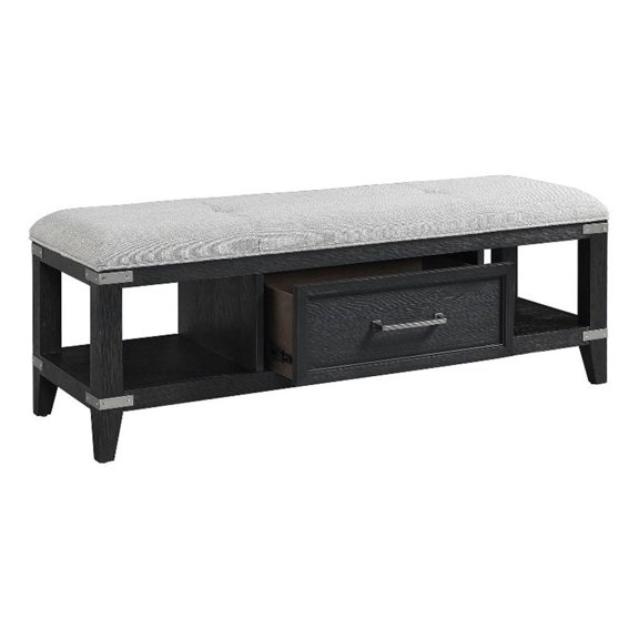 Pemberly Row Transitional Bedroom 52" Wood Bench with Drawer in Black