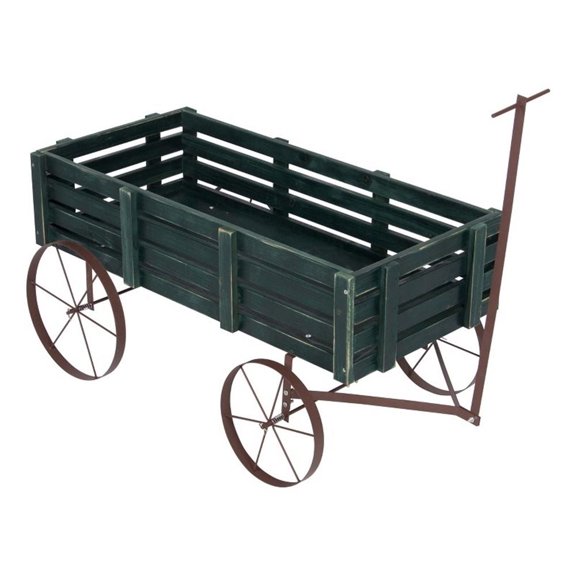 Pemberly Row Transitional Cedar Wood Decorative Wagon Garden Planter in Green