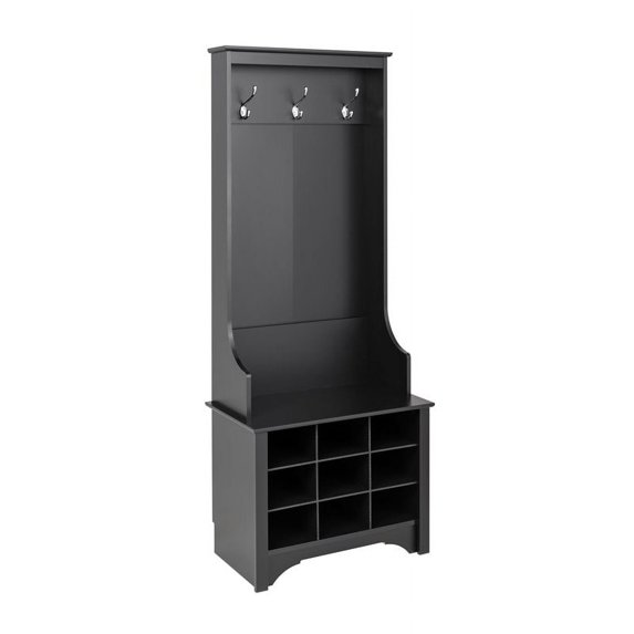 Pemberly Row Transitional Entryway Wood 27" Hall Tree with Shoe Cubbies in Black
