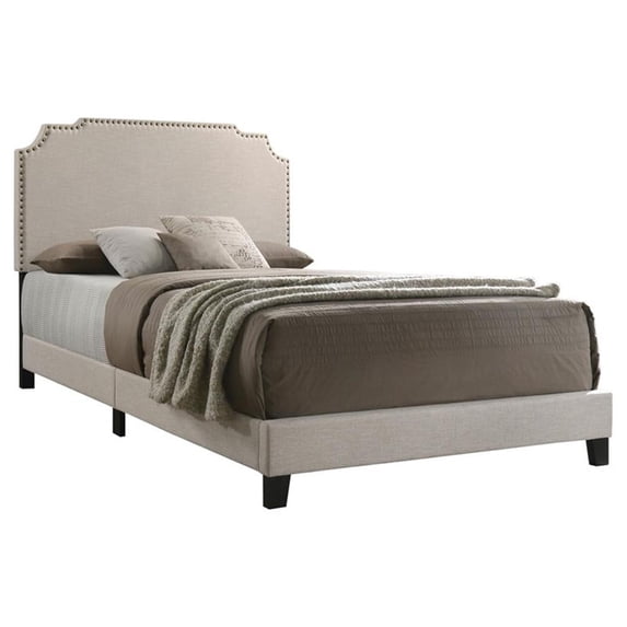 Pemberley Row Fabric Beige Eastern King Bed Rectangular Nailhead Trim 80" x 86.25" Assembled
