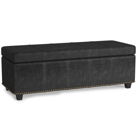 Pemberly Row Transitional Faux Leather Bedroom Bench in Distressed Black