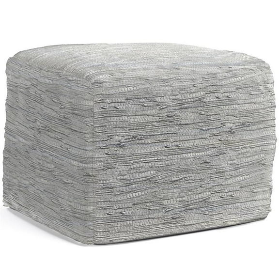 Pemberly Row Transitional Genuine Leather Boho Square Pouf in Cream