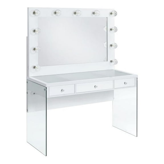 Pemberly Row Transitional Glass Top 2Pc Vanity Set with 4mm Mirror in White