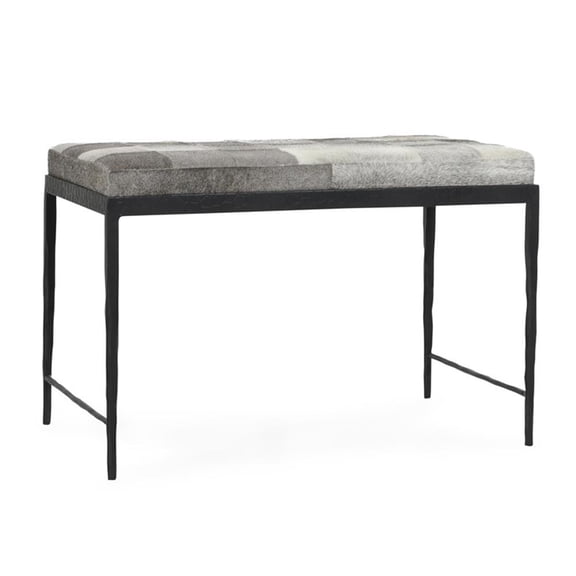 Pemberly Row Transitional Leather Hide Ottoman Bench in Gray
