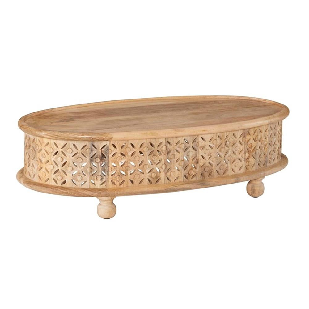Natural Mango Wood Oval Coffee Table with Carved Lattice Design