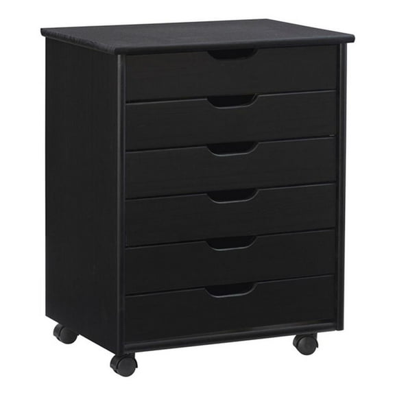 Pemberly Row Transitional Six Drawer Wood Rolling Storage Cart in Black