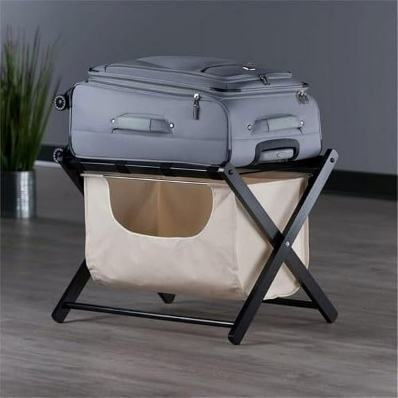 Pemberly Row Transitional Solid Wood/Fabric Luggage Rack with Basket in Espresso